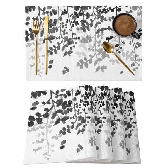 Black Leaves Placemats Set of 6, Summer Botanical Placemats for Dining Table, Place Mats for Kitchen Tabletop, Waterproof Wipeable Dining Table Mats Set