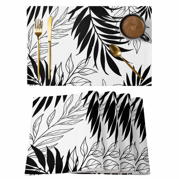 Black Leaves Placemats Set of 8, Abstract Modern Geometric Lines Simple Art Placemats for Dining Table, Place Mats for Kitchen Tabletop, Waterproof Wipeable Dining Table Mats Set