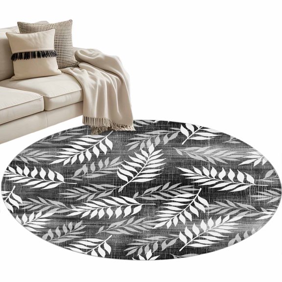 Black Leaves Round Rug 3ft Washable Circle Entryway Rugs Non Slip Summer Botanical Modern Zen Vintage Minimalist Area Rug Indoor Floor Carpet for Bedroom Kitchen Living Room Office Dining Room