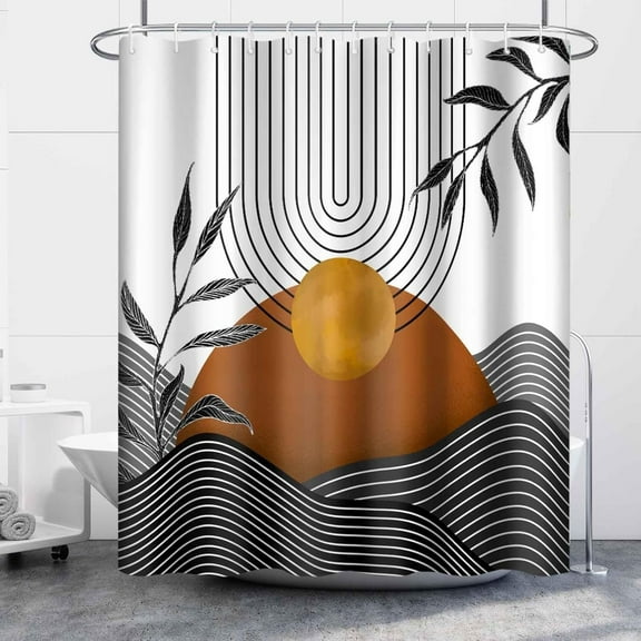 Black Leaves Shower Curtain Set with Hooks Minimalist Mountain Sunrise Shower Curtains for Bathroom Arch Lines Fabric Waterproof Shower Curtain 72x72inches