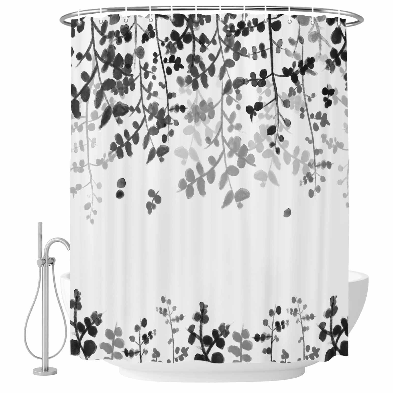Black Leaves Shower Curtain, Waterproof Shower Curtains for Bathroom, Summer Botanical Washable Fabric Bathtub Curtain Set Bath Decor with 12 Hooks 48"x72"