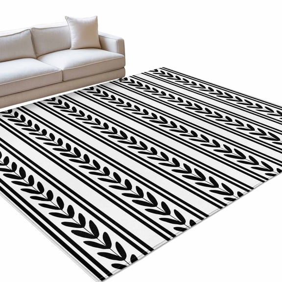 Black Leaves Striped 8x10ft Non Slip Area Rug Rustic Farmhouse Country Stripe Modern Washable Soft Area Rugs for Living Room, Indoor Circle Carpet for Bedroom Dining Room Kitchen