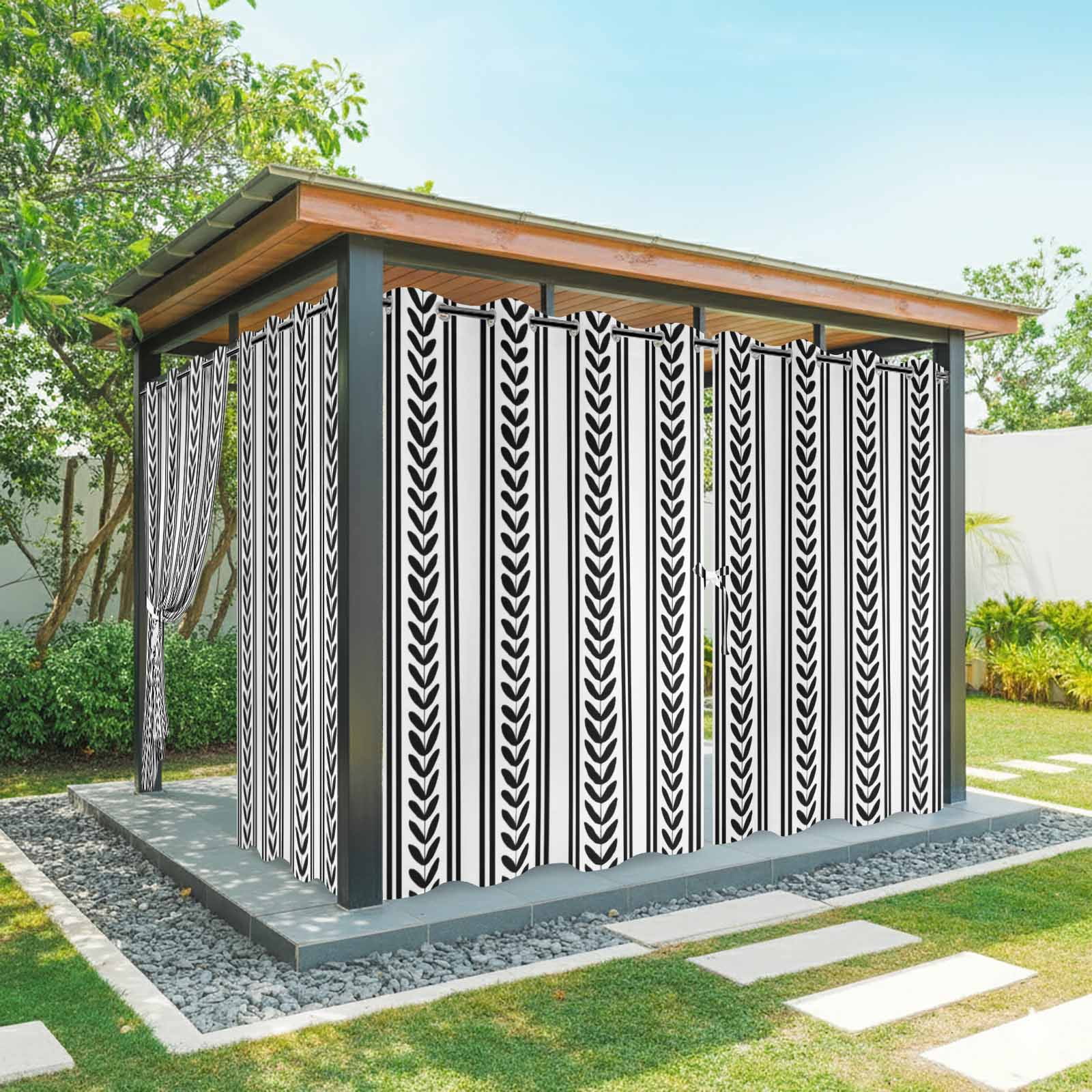 Black Leaves Striped Outdoor Curtains for Patio, Rustic Farmhouse Country Stripe Modern Sunshade Privacy Drapes Grommet Waterproof Outside Curtains for Porch/Cabana/Balcony 54"x 108", 1 Panel