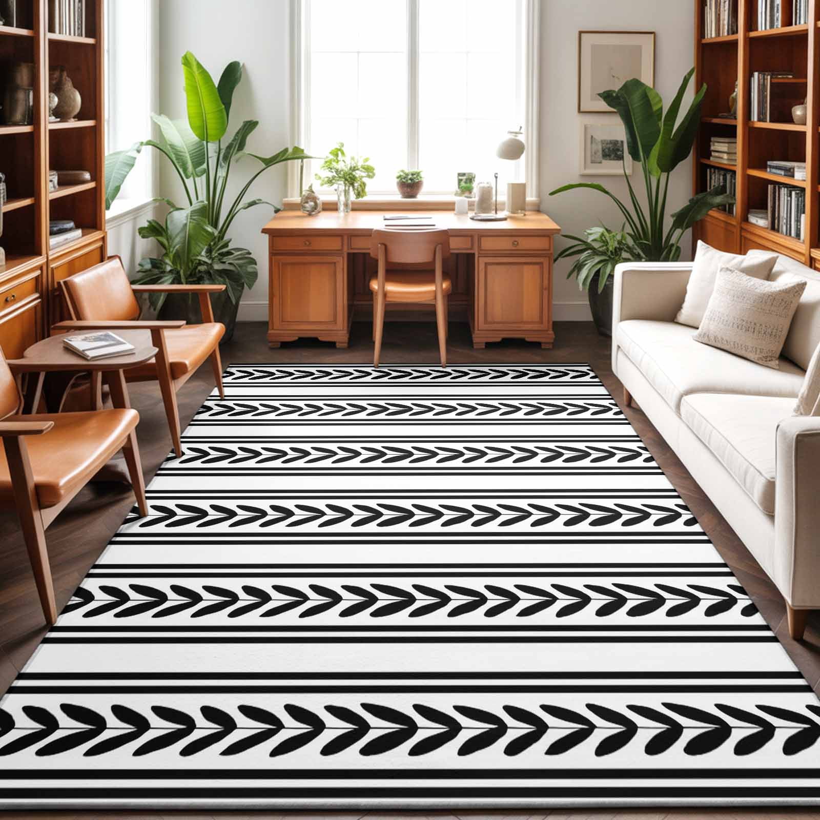 Black Leaves Striped Washable Area Rug 4 x 6 ft Rustic Farmhouse ...