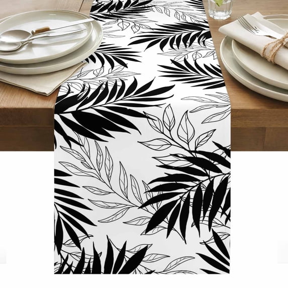 Black Leaves Table Runner - 48 Inch Long, Kitchen Dining Table Runner Dresser Scarves, Abstract Modern Geometric Lines Simple Art Farmhouse Decor for Coffee Tables Wedding Party Banquet