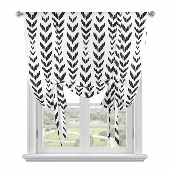 Black Leaves Tie Up Curtains for Window, Thermal Insulated Balloon Shade Adjustable Rod Pocket Curtains Valance Panels for Kitchen Bathroom Cafe 52 x 63 Modern Abstract Botanical Leaf Motifs