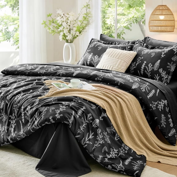Black Leaves Twin(68"x 88") 5-Piece Botanical Print Bed-in-a-Bag Bedding Set