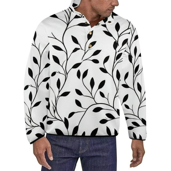 Black Leaves White Background Pattern Men's Stand Collar Sweater Long Sleeve Clothing Loose Fit Sports Sweater