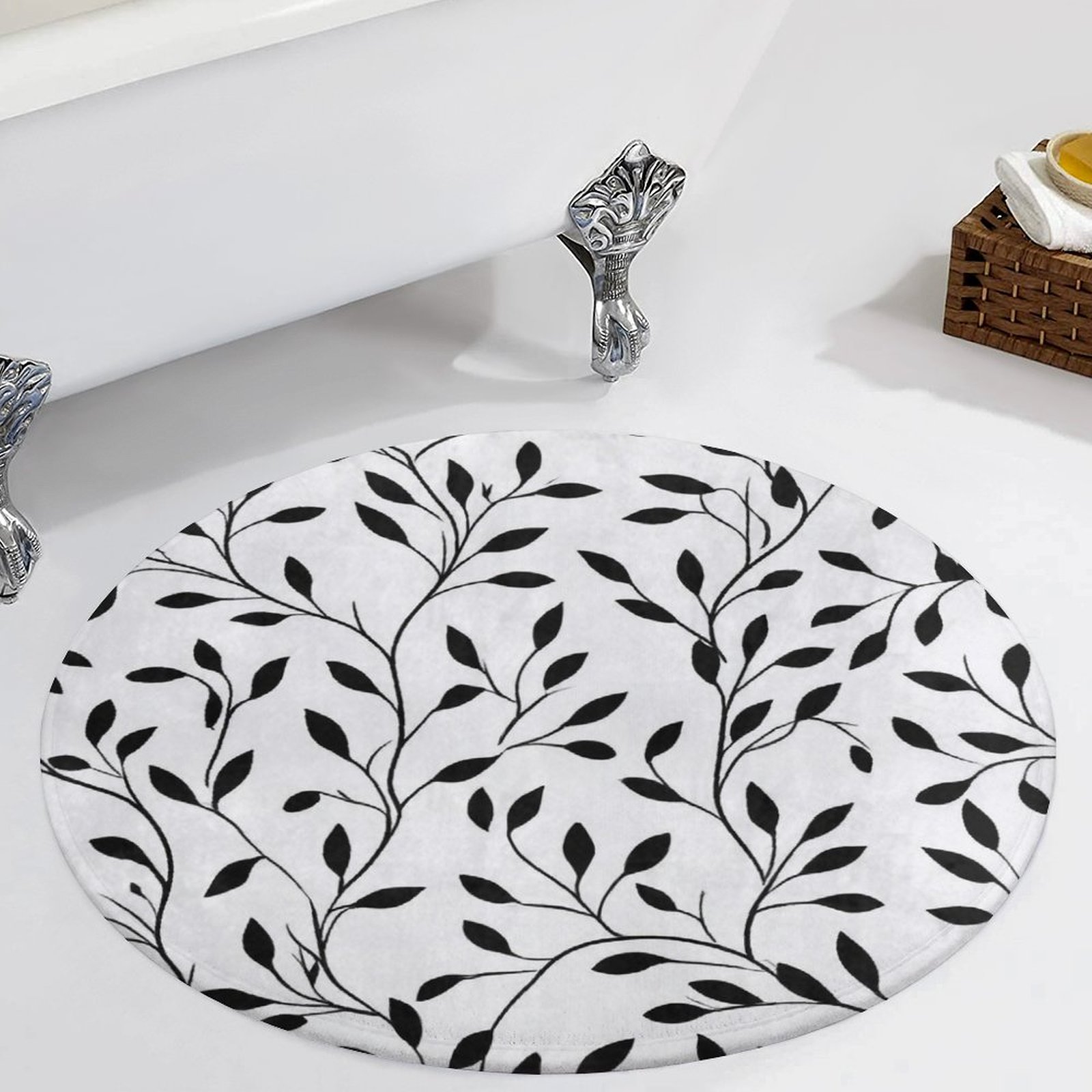 Black Leaves White Background Pattern Round Carpet Circle Rug Outdoor ...