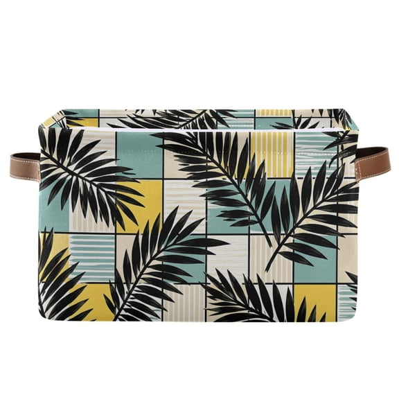 Black Leaves on A Checkered Background Foldable Storage Large Fabric Storage Baskets Organizer Storage Bins with Handles for Home Office