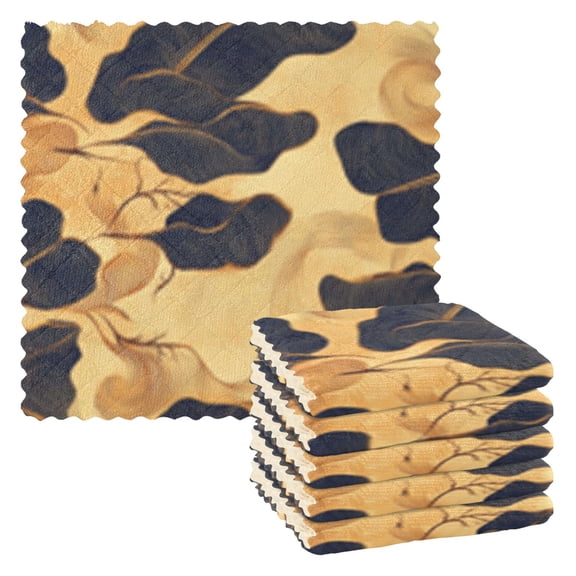 Black Leaves on Gold Background Kitchen Cloth Dish Towels for Drying Washing Absorbent Dish Rags Reusable soft kitchen dishcloth set 6 Pack