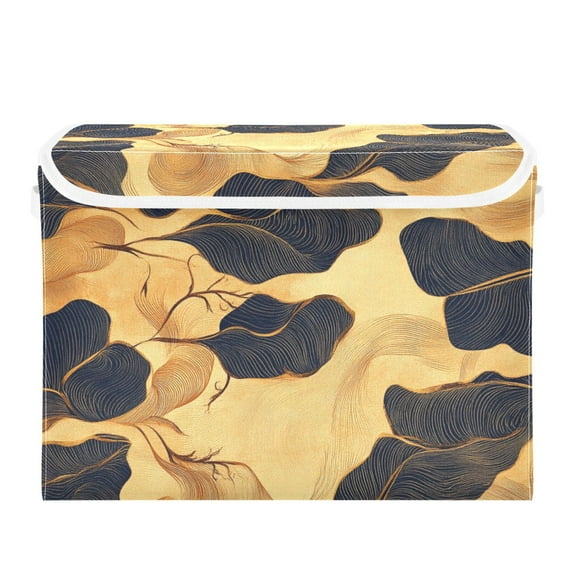 Black Leaves on Gold Background Large Storage Bins with Linen Collapsible Lid Storage Box 16.7 x 12.6 x 11.8in