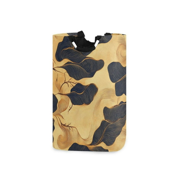 Black Leaves on Gold Background Laundry Basket with Handles 50L Collapsible Laundry Hamper for Bathroom Bedroom Laundry Room