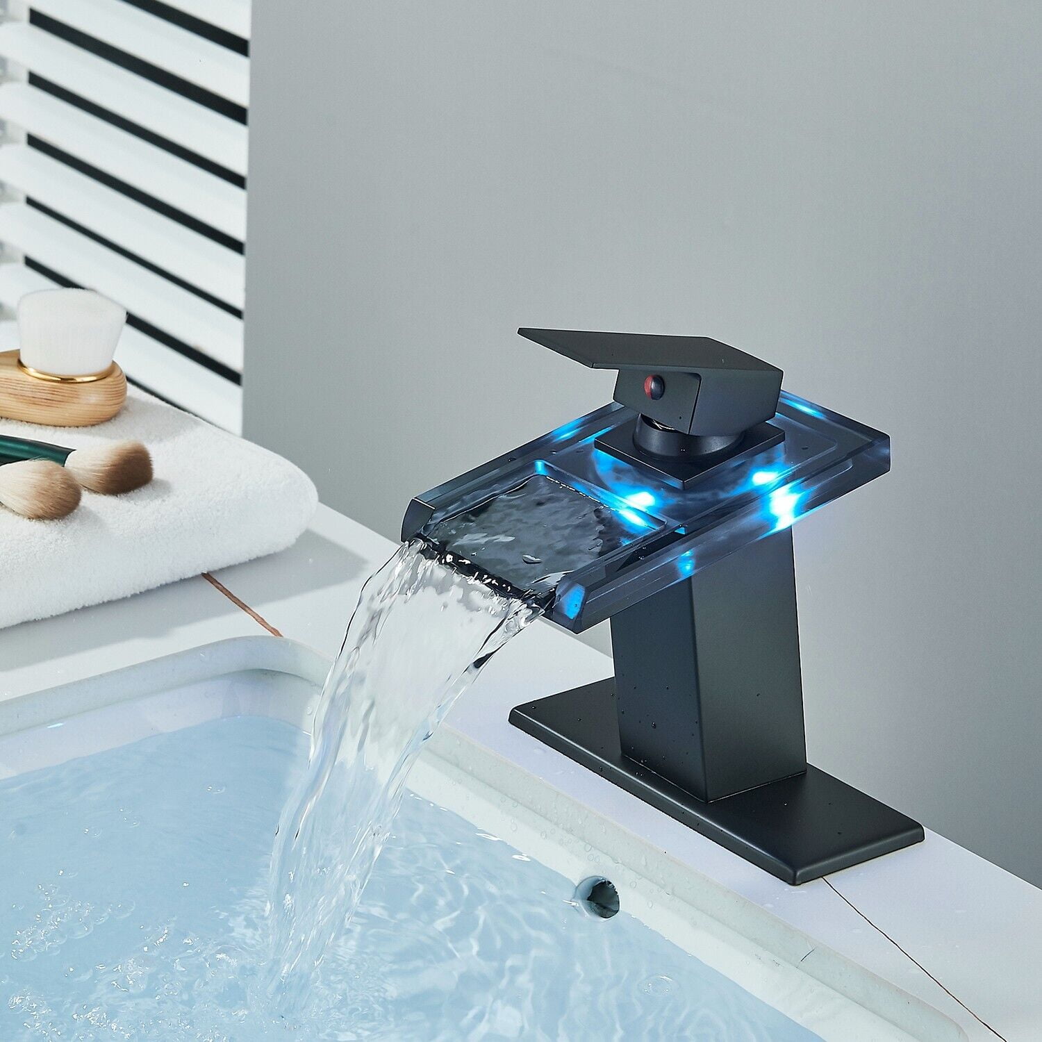 Black Led Bathroom Faucet Waterfall Single Handle Three Colors Hot and