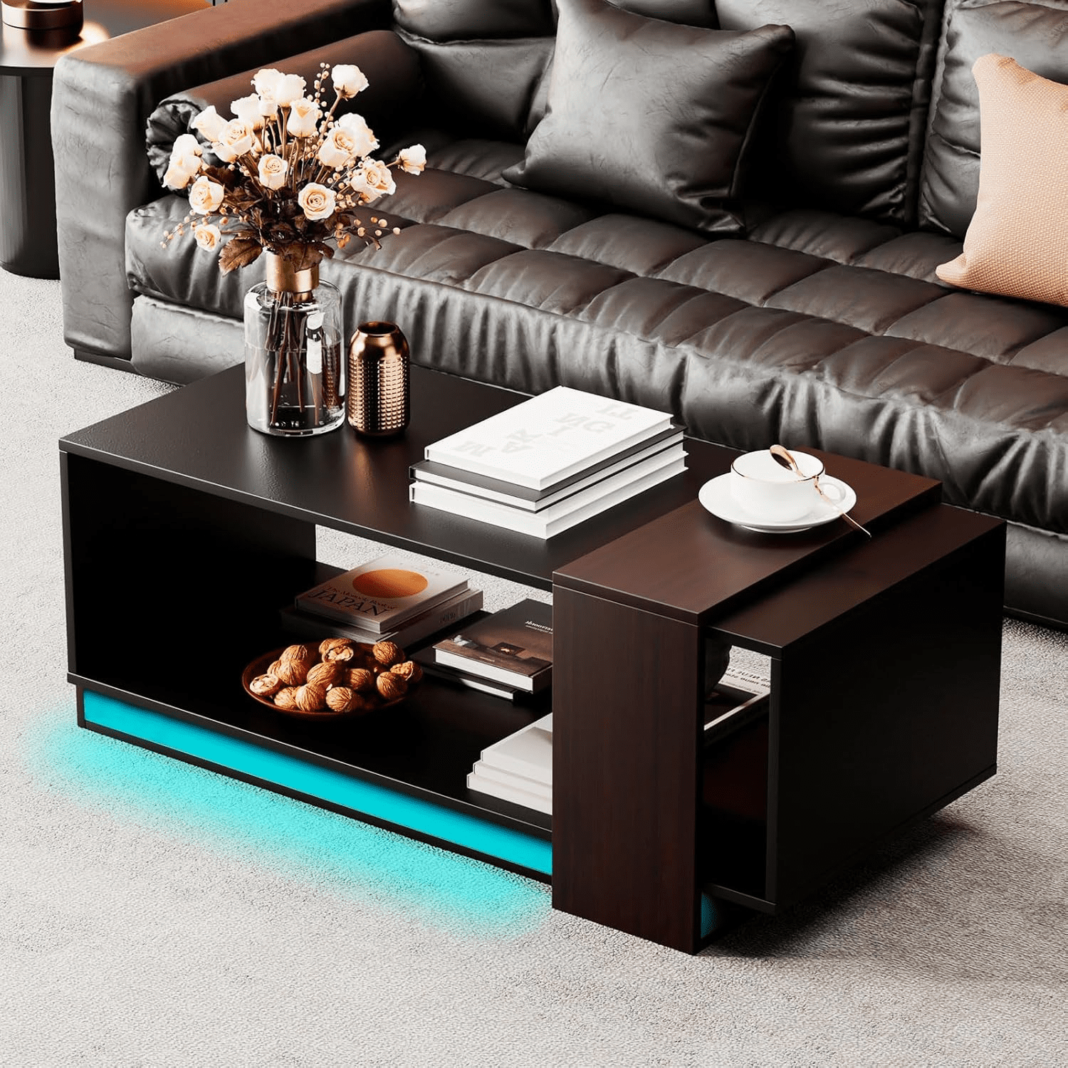 Black Led Coffee Table with Large Storage Rectangular Center Table for