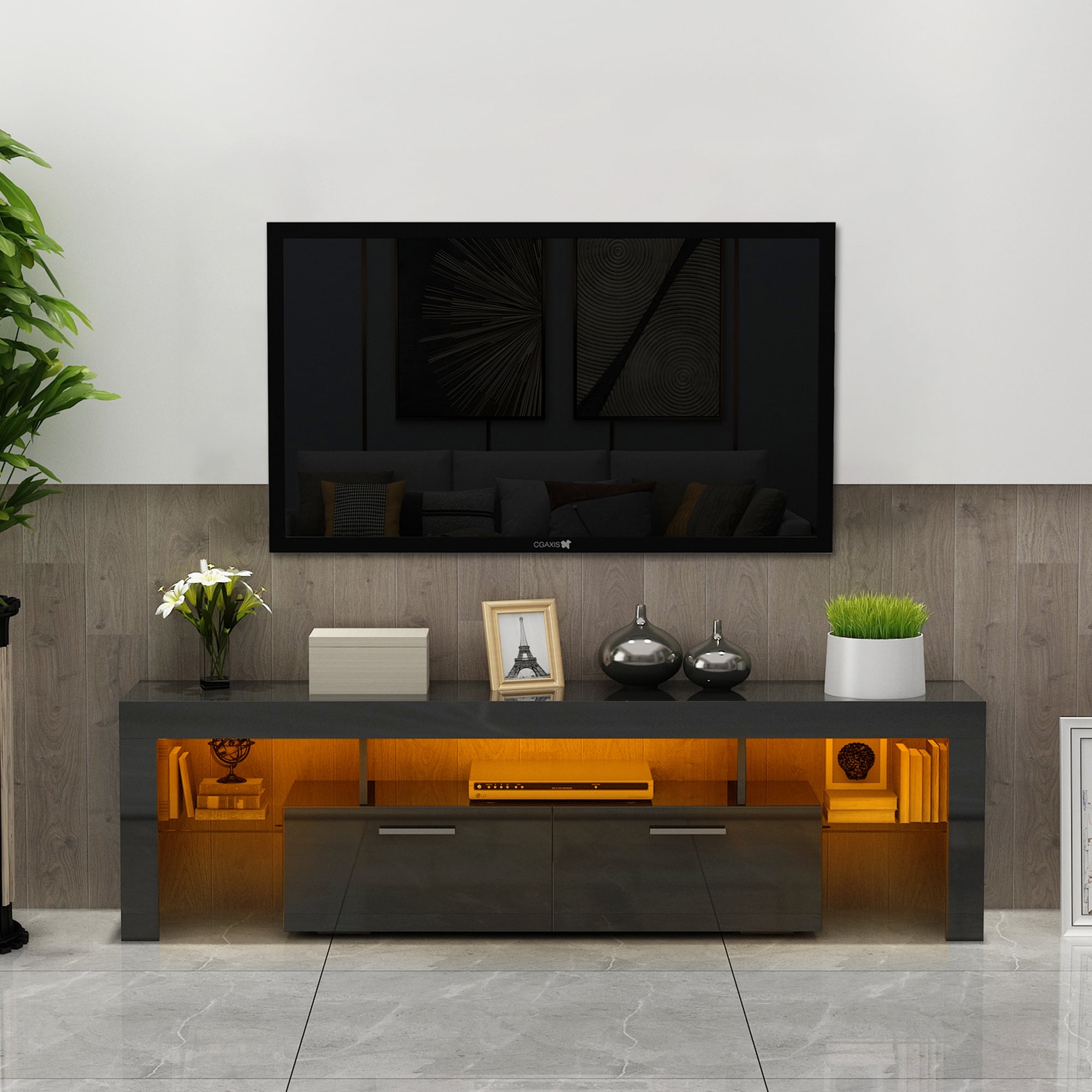 Black Led TV Stand with Remote, SESSLIFE TV Cabinet for 70 inch, Living ...
