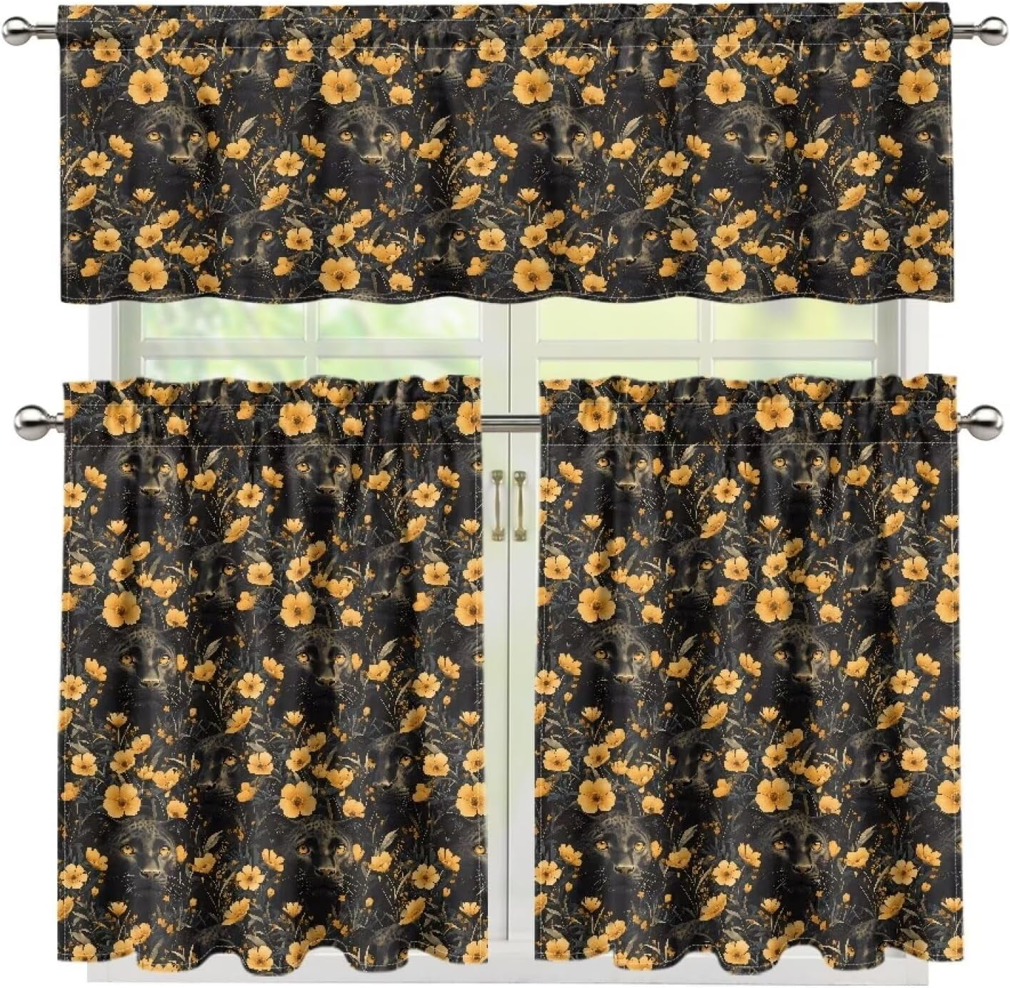 Black Leopard Flower Kitchen Curtains and Valances Set Valance and Tiers Kitchen Window Decor Light Filtering Energy Efficient Curtain Set for Small Window