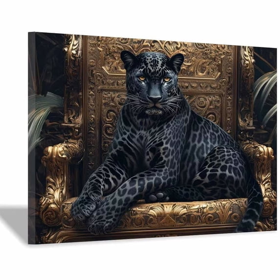 Black Leopard Gold Throne Canvas Wall Art, Luxury Animal Prints Painting for Living Room Bedroom Office Decor, Framed Ready to Hang Ready to hang-30"L x 20"W