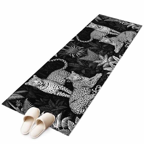 Black Leopard Kitchen Runner Rug 2x6 Washable Runners for Hallway Non Slip Tropical Plants Leaves Wildlife Animal Jungle Large Area Rug Indoor Carpet for Bathroom Laundry Entryway Bedroom Living Room