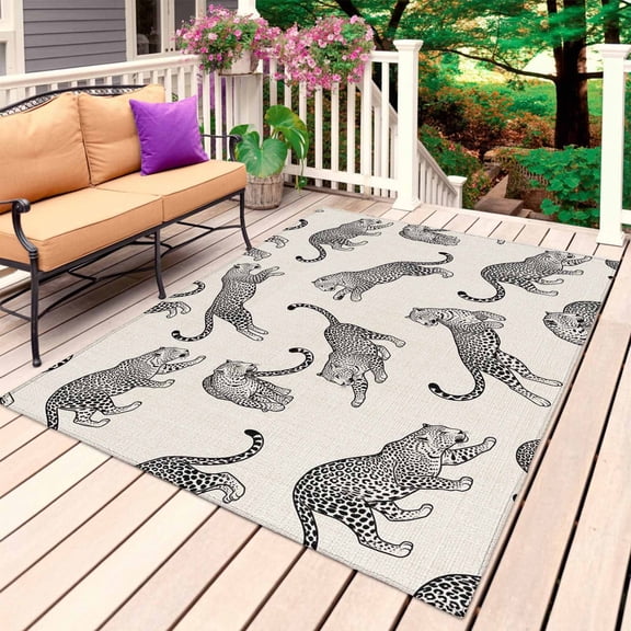 Black Leopard Outdoor Rug for Patio/Deck/Porch, Non-Slip Large Area Rug 3 x 5 Ft, Vintage Primitive Animals Nature Fauna Indoor Outdoor Rugs Washable Area Rugs, Reversible Camping Rug Carpet Runner
