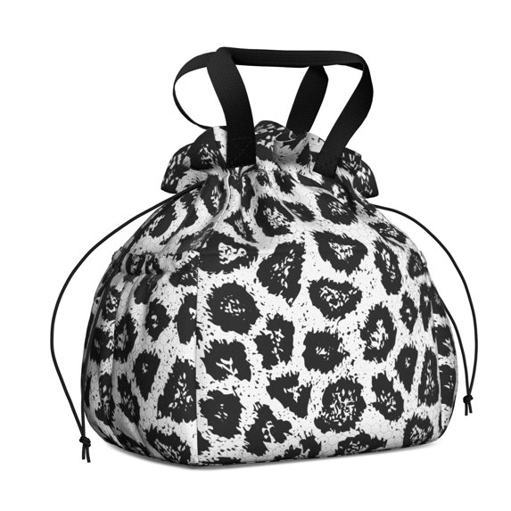 Black Leopard Pattern Drawstring Lunch Bag Women - Drawstring Lunch Bag Insulated for Work Office - Stain-Resistant Large Lunchbags for Women with Multi-Pockets