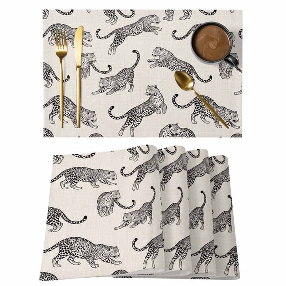 Black Leopard Placemats Set of 4 Vintage Primitive Animals Nature Fauna Place Mats Indoor Wipeable Table Mats Washable Cloth Dining Table Placemats for Kitchen Holiday Party Home Decor 13x19 Inch