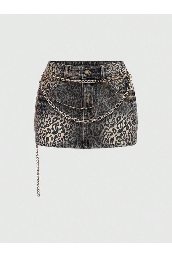 Black Leopard Print Chain-Embellished Super Low-Waist Mini Denim Skirt