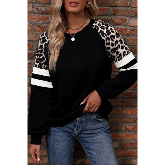 Black Leopard Print Colorblock Raglan Sleeve Sweatshirt