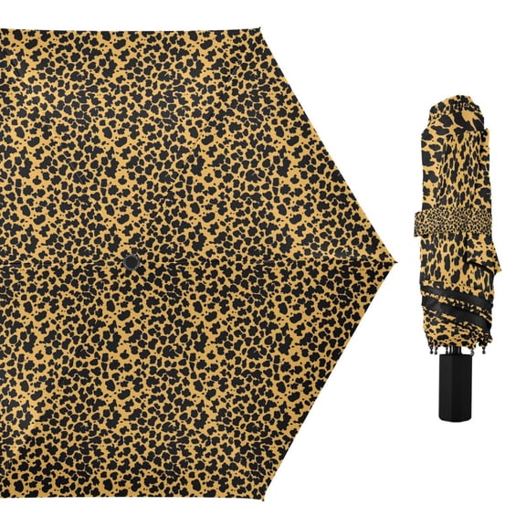 Black Leopard Print Compact Sun Umbrella Windproof Travel Umbrellas for Rain Strong Portable UV Protection