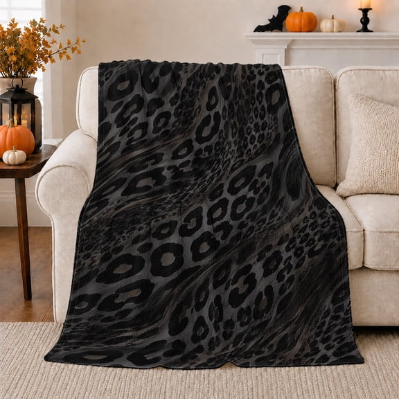 Black Leopard Print, Festive Holiday Scene, Warm Flannel Blanket for Cabin and Lodge with Detailed Artwork with Rich Color Accents, Wildlife Lovers Christmas Gift, Festive Home Decor