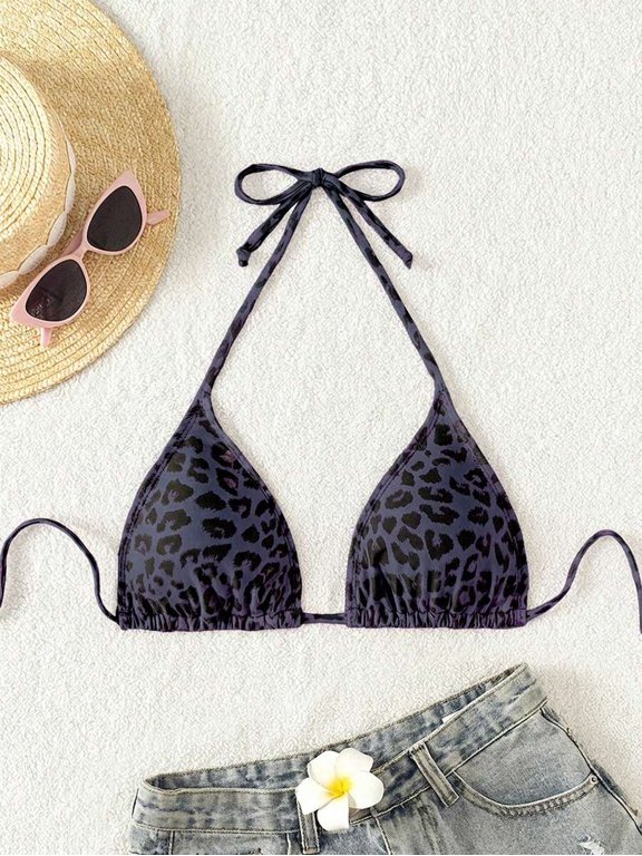 Black Leopard Print Halter Tie-Front Triangle Bikini Top For Beach Vacation Summer