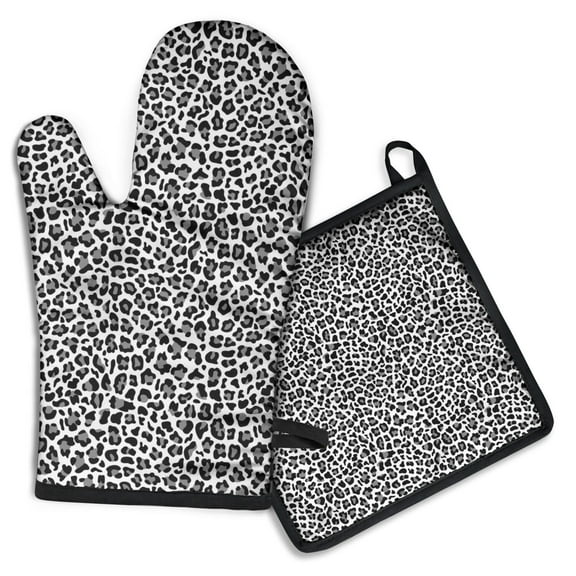 Black Leopard Print Kitchen Oven Mitt and Pot Holder Sets 2 Pcs for Baking, Cooking and Grilling, Heat Resistant Up To 392 °F