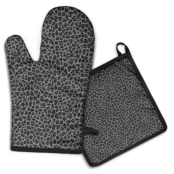 Black Leopard Print Kitchen Oven Mitt and Pot Holder Sets 2 Pcs for Baking, Cooking and Grilling, Heat Resistant Up To 392 °F