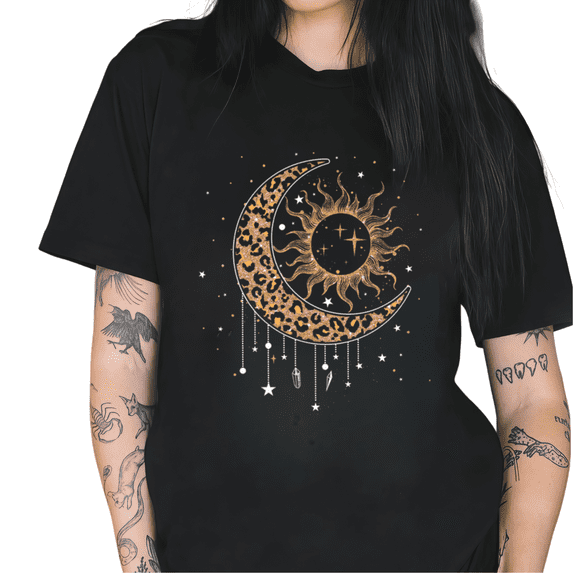 Black Leopard Print Moon Sun Celestial Boho Mystical Graphic Tees Print Tshirt Tops S-5XL