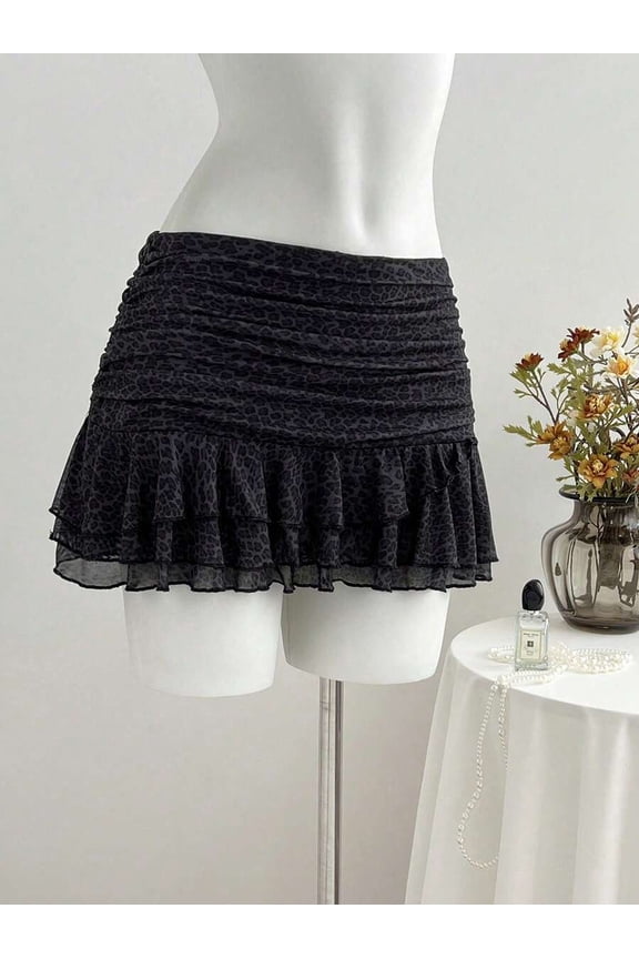 Black Leopard Print Ruched Mini Skirt With Tiered Ruffle Hem And Elastic Waist