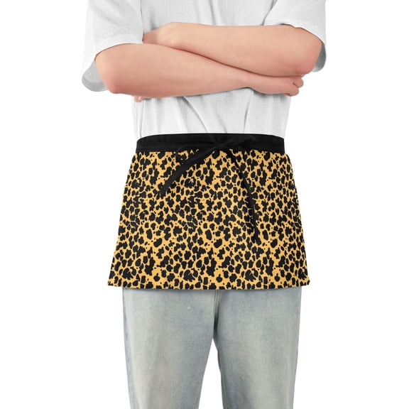 Black Leopard Print Server Apron with 3 Pockets Waterproof Waitress Waist Short Apron for Man Woman 12 Inches