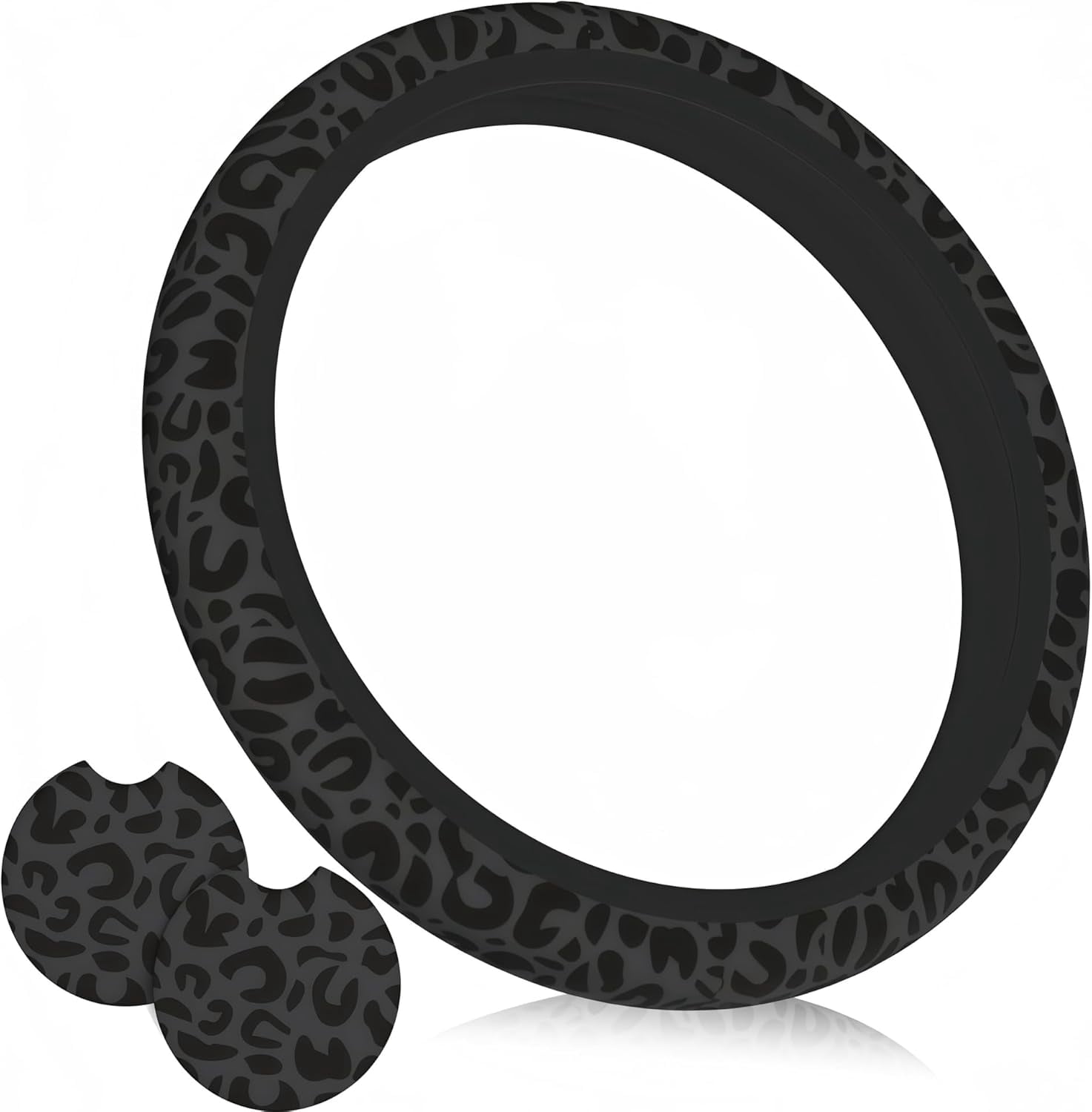 Black Leopard Print Steering Wheel Cover for Women,Universal 14-15 Inch Anti-Slip Breathable with 2 Pieces Car Coasters Cheetah Animal Print Car Wheel Cover Accessories