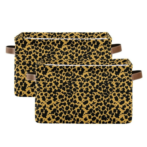 Black Leopard Print Storage Bins with Handle Fabric Organizer Basket Foldable Box 2 Pack 14.2x10.2x8.3