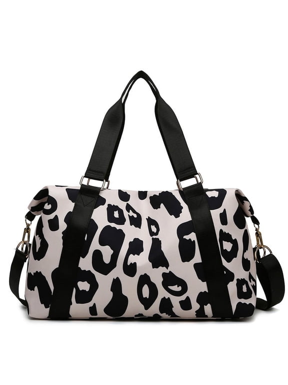 Black Leopard Print Tote Duffle Bag Traveling Gym Bags for Women, Carry on Overnight Workout Weekender Bag