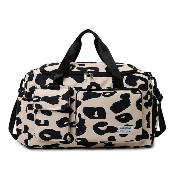 Black Leopard Print Travel Duffel Bag with Shoes Compartment For Women, Airport Carry On Overnight Weekender Bag with Trolley Sleeve
