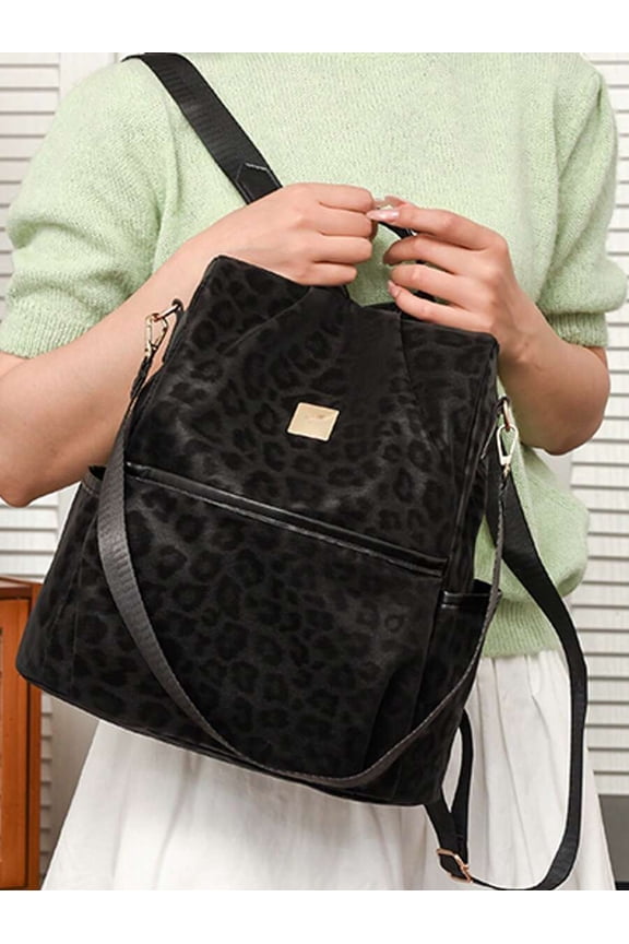 Black Leopard Print Velvet Convertible Backpack With Zipper Closure
