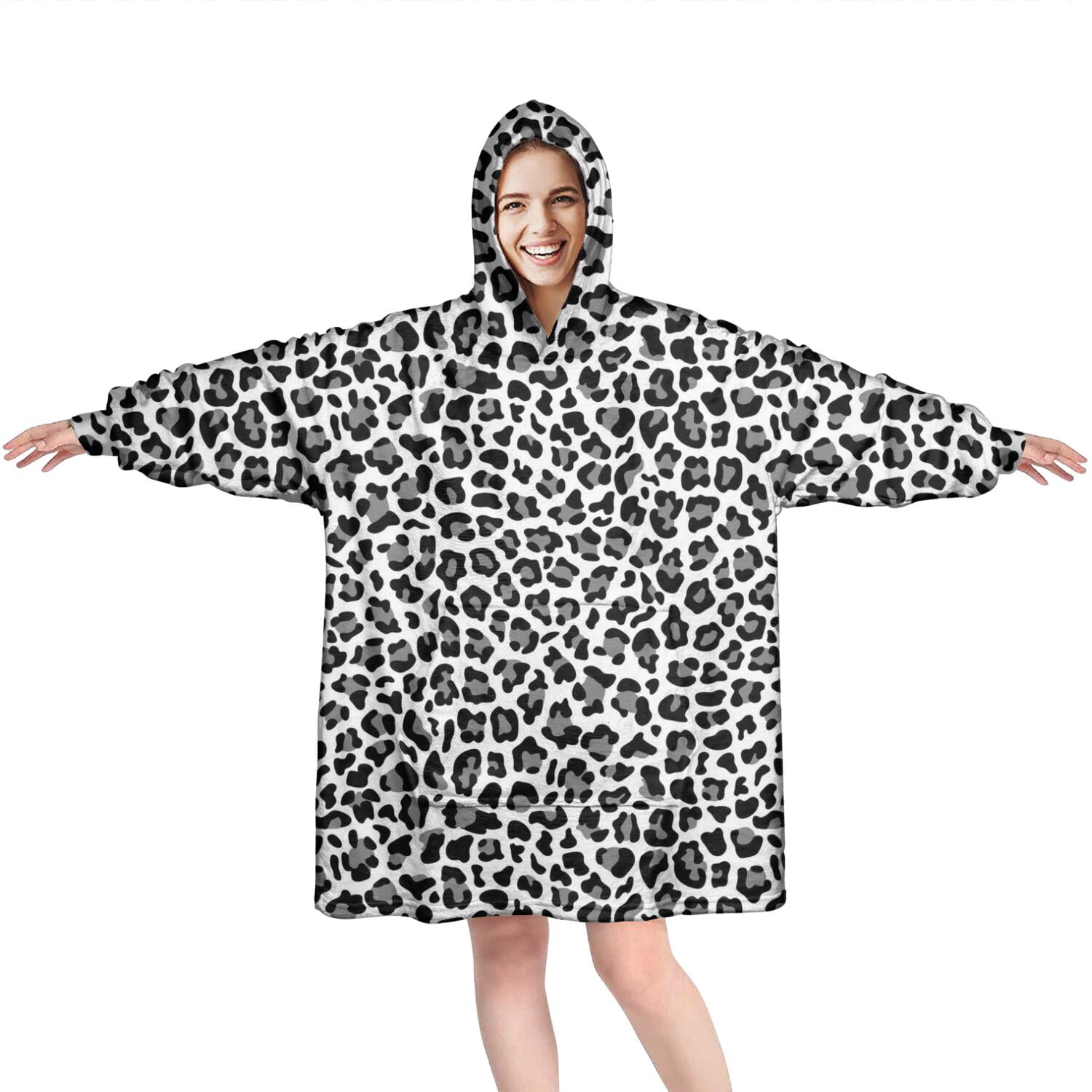Black Leopard Print Wearable Oversized Blanket,Wearable Blanket Hoodie for Adults,Cozy Hooded Blankets with Super Pockets,Super Warm Fuzzy Pullover for Women & Men