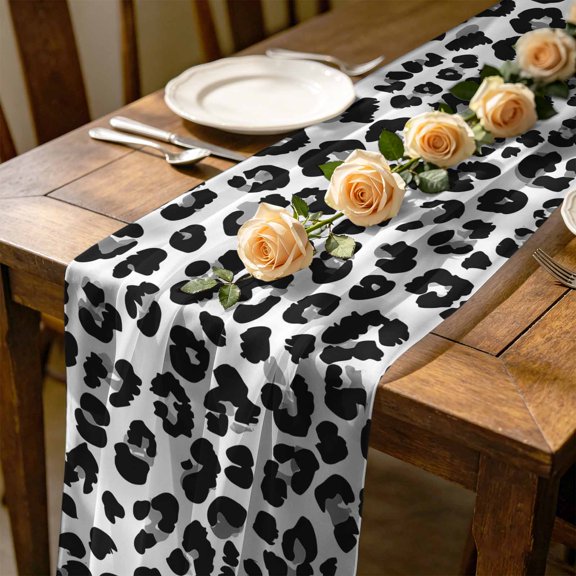 Black Leopard Stripes 4.5 ft Cheesecloth Table Runner for Wedding 19"x55", Retro Black White Animal Print Kitchen Dinner Sheer Tulle Chiffon Dresser Scarf, Holiday Party Decorations
