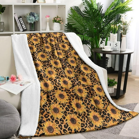 Black Leopard Sunflower Pattern Blanket,Comfortable Soft Lamb Wool Throw Blanket,All Season,Warm Lightweight Blankets for Sofa Bed Couch Living Room Chair,60"x80"