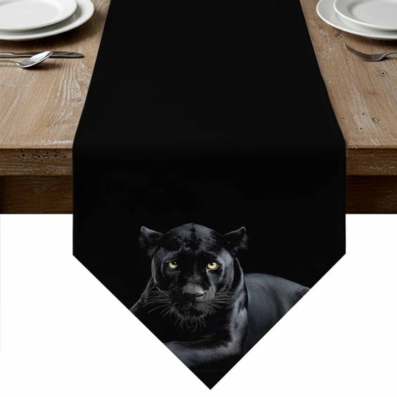 Black Leopard Table Runner Linen Burlap Table Runner 72 Inches Long Animal Exotic Predator Gaze Dresser Scarves for Kitchen Island Coffee Dining Room Party Wedding Banquet Holiday Decoration 16"x72"