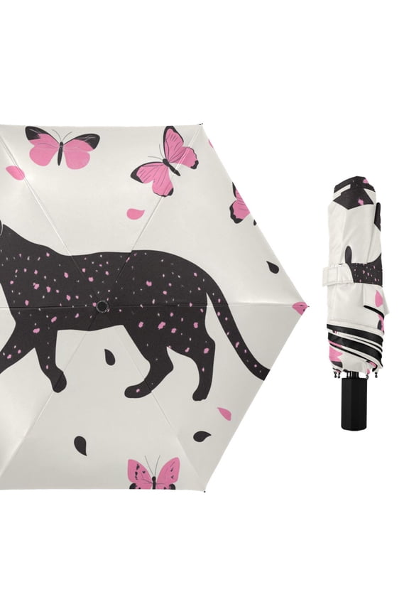 Black Leopard Walking Pink Butterflies All Weather Umbrella Triple Folding Parasol 6 Ribs UV Protection Portable