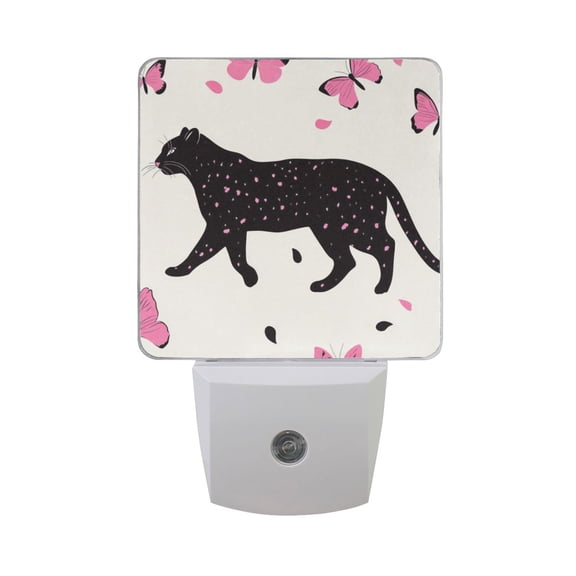 Black Leopard Walking Pink Butterflies LED Night Light with Smart Sensor Plug Into Wall Dusk to Dawn 2 packs