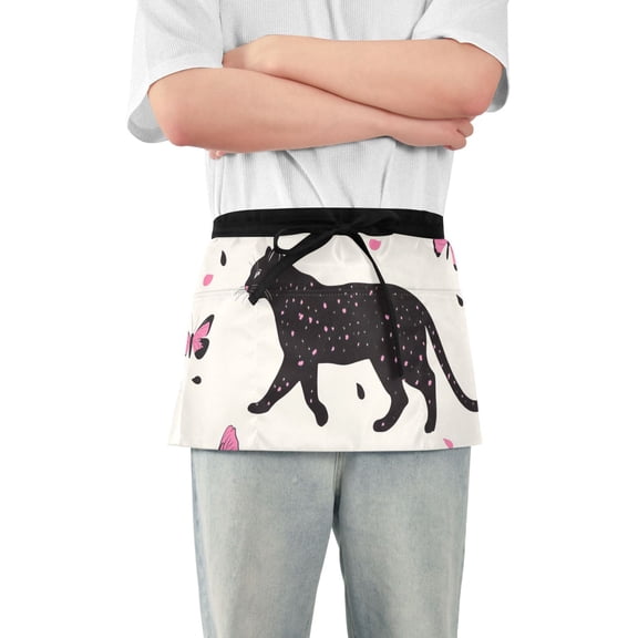 Black Leopard Walking Pink Butterflies Short Server Apron with 3 Pockets for Unisex Chef Gardening