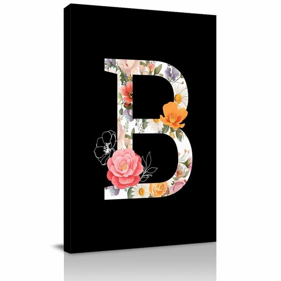 Black Letter B Flower Canvas Wall Art for Living Room, Watercolor Alphabet B Pink Beige Floral Leaf Wall Decor Framed Artwork Pictures Ready to Hang for Bedroom Office Home Decor
