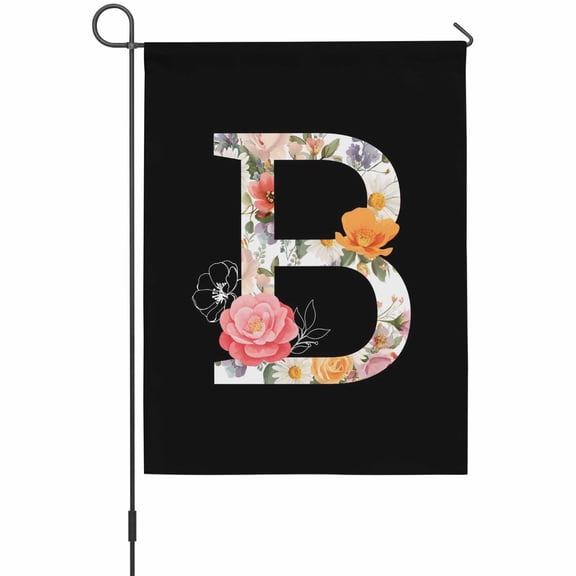 Black Letter B Flower Garden Flag 12 x 18 Inches, Watercolor Alphabet B Pink Beige Floral Leaf Weather Proof Outdoor Patio Flags Double Sided Small Garden Decoration for Yard Outside Home